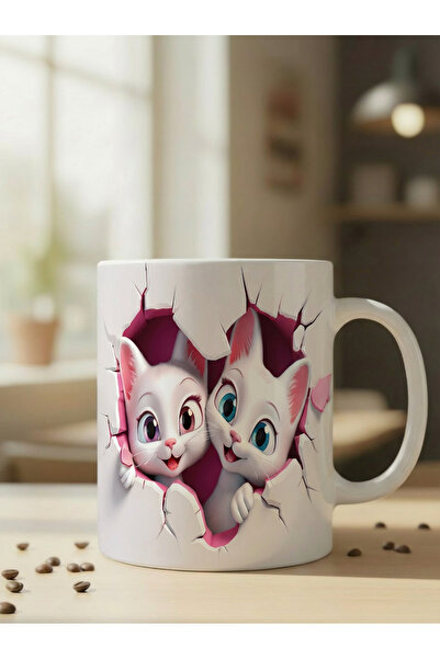 NİVRA GRUP Sevimli Kalp'li Kedi Temalı 3D Baskılı Porselen Kupa Bardak