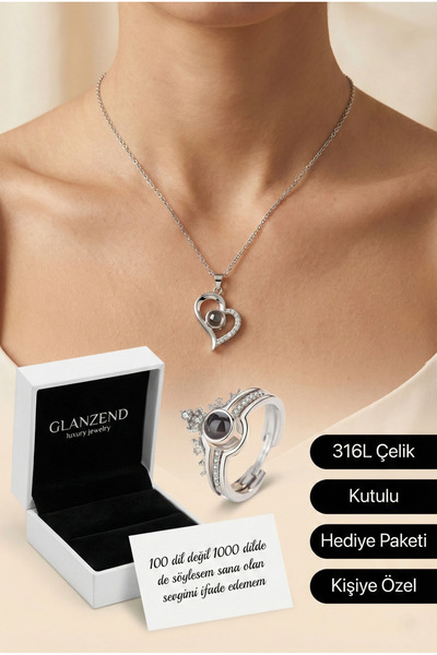 GLANZEND 100 Dilde Seni Seviyorum Kalp Kolye & Yüzük Seti 14 Şubat Sevgililer...