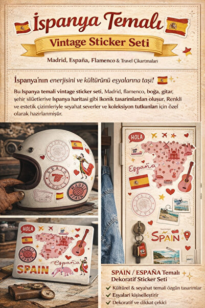 Limitless Design İspanya Temalı Vintage Sticker Seti – Madrid, España, Flamen...