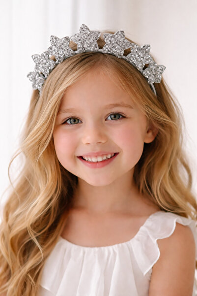 damlakidsmoda Simli Yıldızlı Kız Çocuk Taç – Gümüş Renk – Doğum Günü & Parti ...