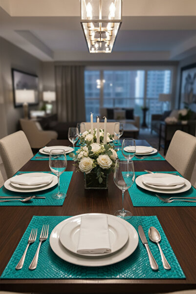 RAVZADERİ 6 Kişilik 12 Parça Dikdörtgen Su Yeşili Deri Amerikan Servis Supla ...