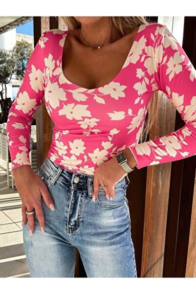 buğrahayalin Women's U Neck Leaf Printed Blouse