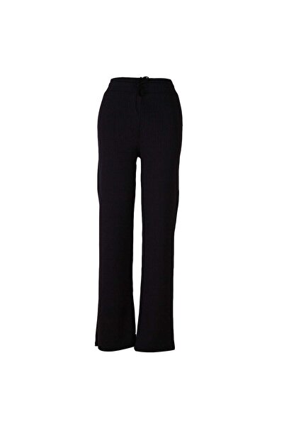 trender Modal Corded Fabric Wide Leg Black Women's Trousers 2455B
