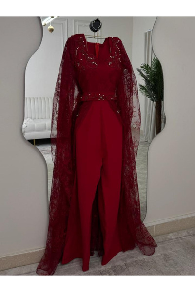 Elora Burgundy jumpsuit with royal lace and crystal embroidery
