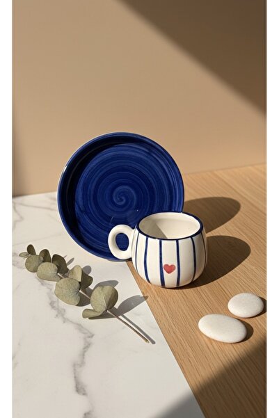 BATUBUR Blue Heart Serisi Çizgili Seramik Türk Kahvesi Kupa/Fincan/Mug