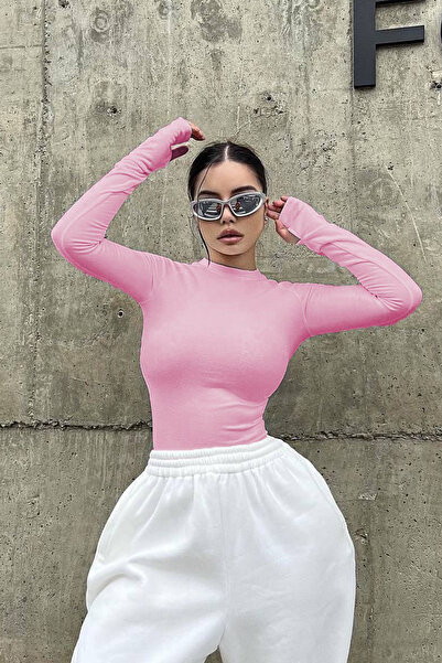 İlayda Toprak Bisiklet Yaka Uzun Kollu Çıtçıtlı Pembe Body Zıbın