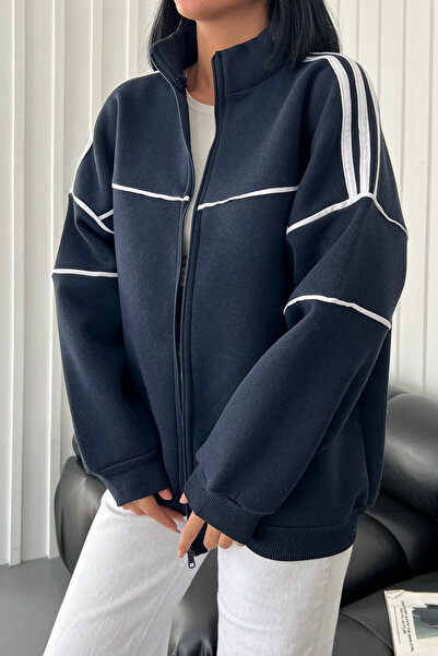 İlayda Toprak Lacivert 3 İplik Şeritli Fermuarlı Kışlık Bol Kalıp Ceket