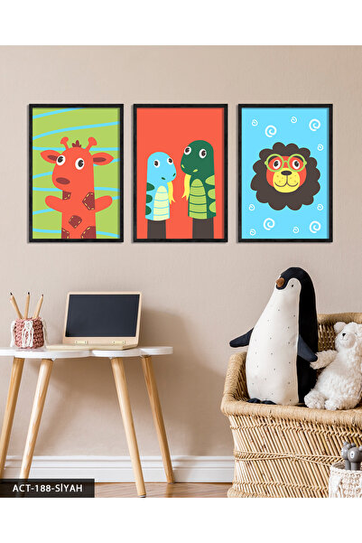 Evinemoda Slika u drvenom okviru sa životinjskim temama za dečiju sobu, 3 dela