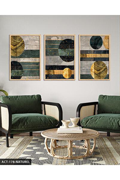 Evinemoda Artă abstractă minimalistă cu detalii aurii, tablou înrămat pe lemn...