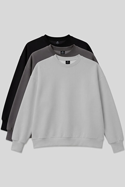 TOMMY LIFE Basic Oversized O Neck 3 Pack Black-Dark Gray-Stone Women's Sweats...