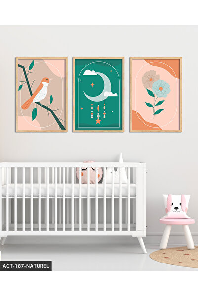 Evinemoda Tablou minimalist cu flori și păsări, 3 piese, înrămat în lemn ACT