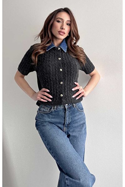 yeditepe fashion Soft Textured Wool Blend Knit Cardigan with Jean Collar