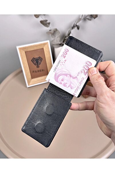 Fil Deri Magnetic Genuine Leather Slim Card Holder with Coin Compartment Blac...