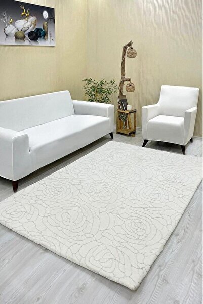 Şahaneev Tekstil Gül Model Welsoft Halı Örtüsü Krem Renk - 200 x 300