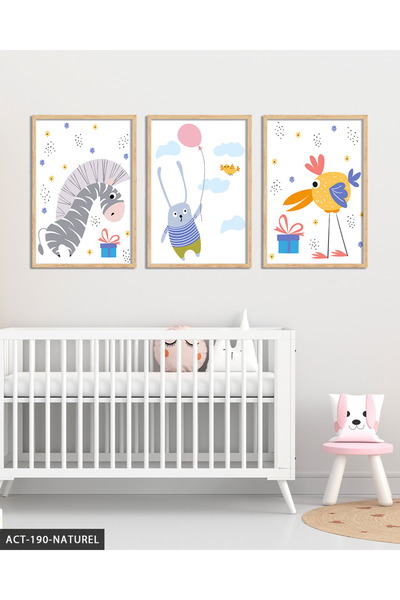 Evinemoda Cute Zebra, Iepure și Pasăre, Tablou cu rame din lemn, 3 piese, ACT