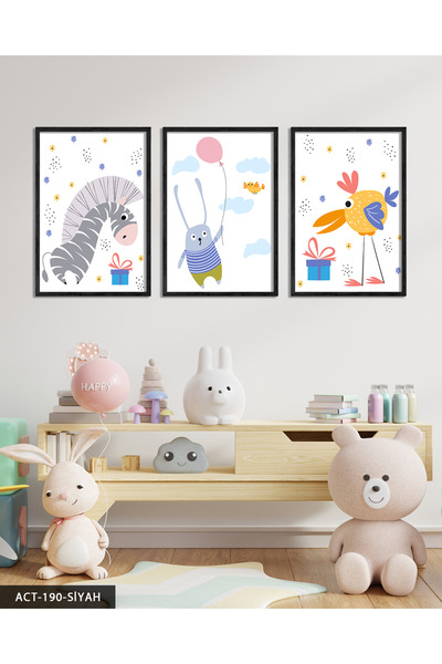 Evinemoda Cute Zebra, Iepure și Pasăre, Tablou cu rame din lemn, 3 piese, ACT