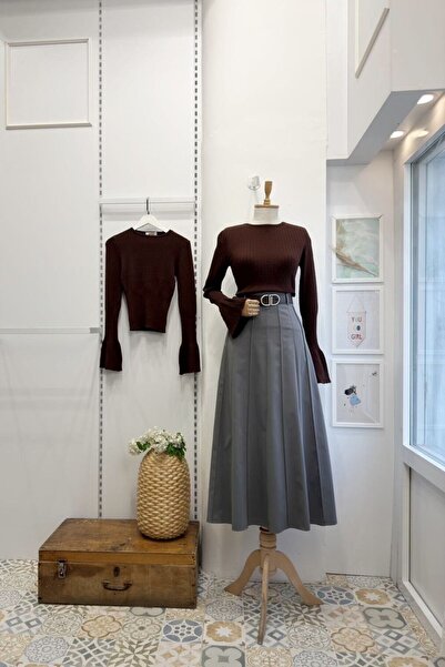 Faya Boutique Gri Deri Kemerli Gabardin Etek