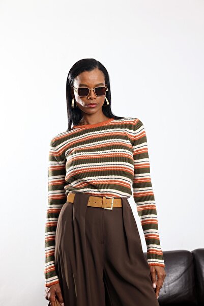 5in1Canpolat Khaki Colored Striped Knitwear 251202