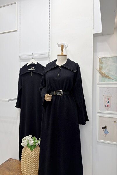 Faya Boutique Siyah Kolları Pile Detaylı Fermuarlı Triko Elbise 44102