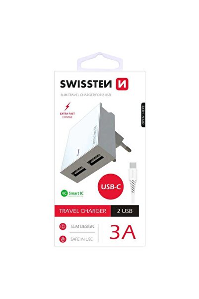 SWISSTEN Circuit integrat inteligent 2xUSB 3A+Cablu date Tip-C 1.2m, alb