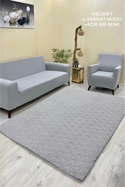 Şahaneev Tekstil Labirent Model Welsoft Halı Örtüsü Açık Gri Renk