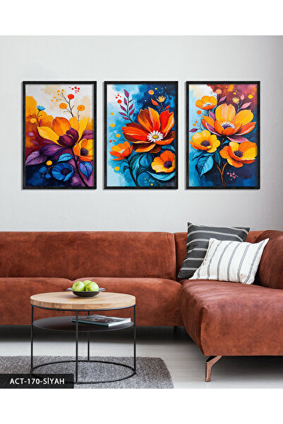 Evinemoda Ярки цветни цветя 3-частна картина с дървена рамка ACT