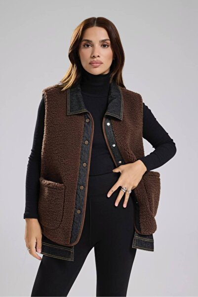 tw3 Kadın Peluş Kumaş Denim Garnili İçi Astarlı Tasarım Yelek