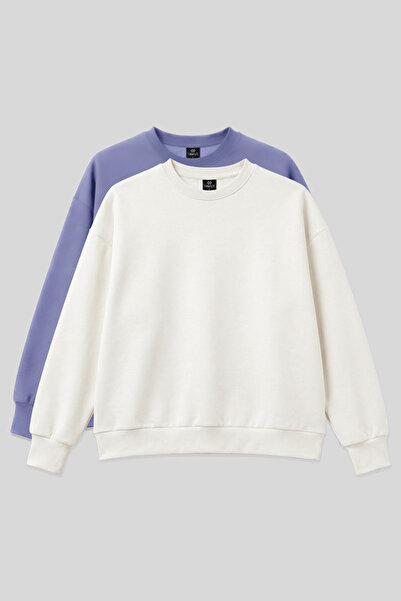 TOMMY LIFE Basic Oversized O Neck 2-Pack Ecru-Light Purple Women's Sweatshirt...