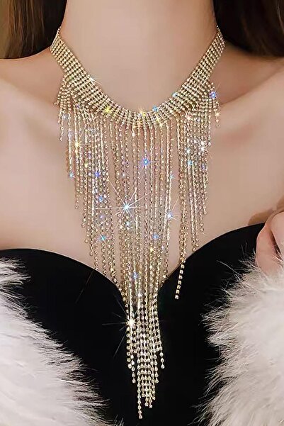 TAKIŞTIR Altın Renk Taş Detaylı Tasarım Abiye Kolye