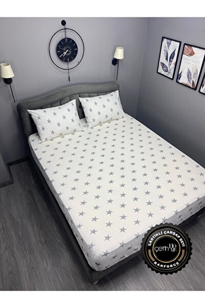 Çetinhome Fabric Fitted Sheet Set Double and King Size Star White-Grey