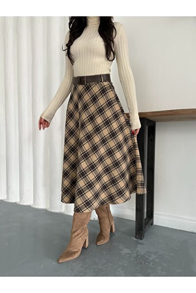 Shenaz Ekose Desen Baklava Model 2'Cepli Kemerli Etek