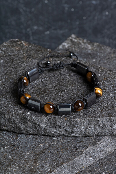 OSMANLI DOĞAL TAŞ Certified Tiger's Eye, Hematite Natural Stone Macrame Brace...