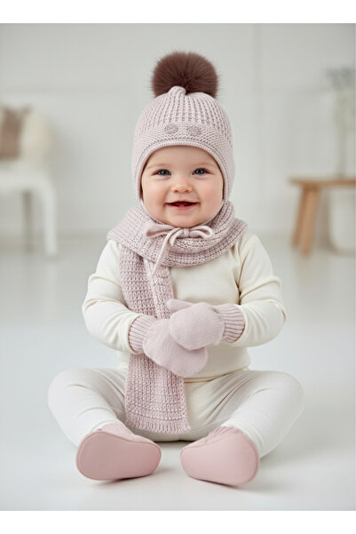 Kitti 0-18 Aylık Kız Bebek Polarlı Atkı Bere Eldiven-Açık Pembe