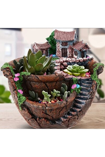 Yaratıcı sanatlar atölyesi El Boyama Kır Evi Testi 3 Gözlü Tasarım Saksı Vazo...