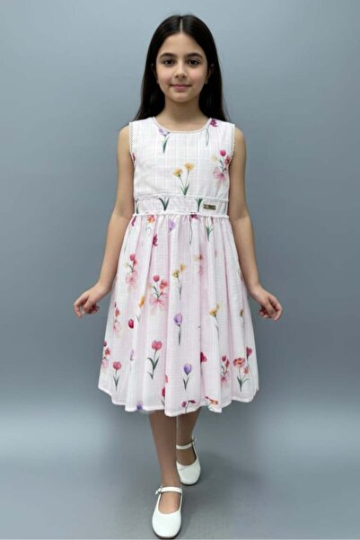 Alesaei-mondo tondo Girls' pink dress with an elegant floral print 7303
