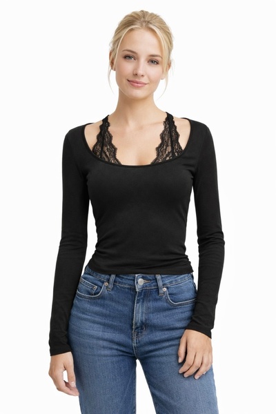DİONNA Black Lace Trimmed Long Sleeve Blouse