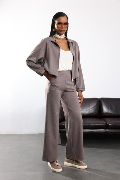 5in1Canpolat Set de trening maro cu fermoar la talie 142131