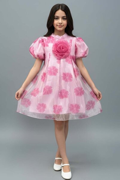 Alesaei-mondo tondo Pink girls' dress with floral embellishments and a flower...