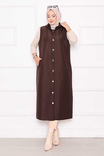 EBRUTESETTÜR Buttoned & Hooded Long Quilted Vest Brown