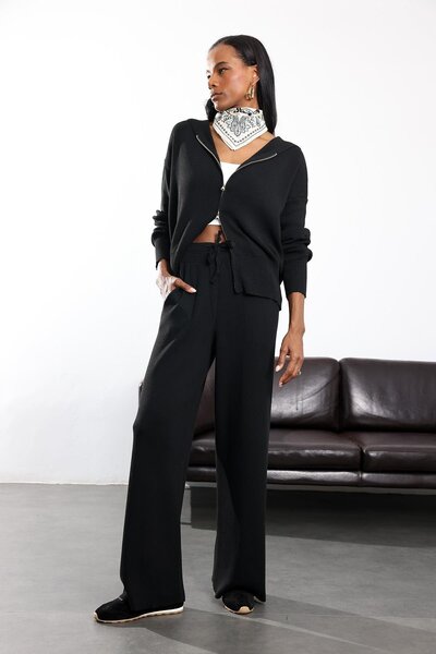 5in1Canpolat Black Hooded Knitwear Set