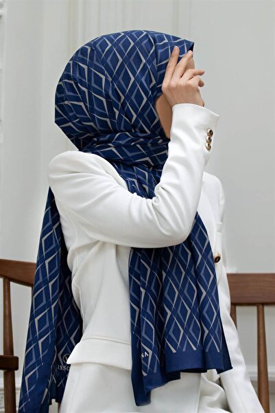 Vissona LÜKS MEDİNE İPEĞİ GEOMETRİK DESENLİ LACİVERT RENKLİ 75X195 KIRIŞMAZ Ş...