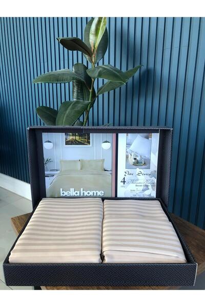 Bella Home Double Striped Satin Duvet Cover Set - Luxury Boxed Cappuccino