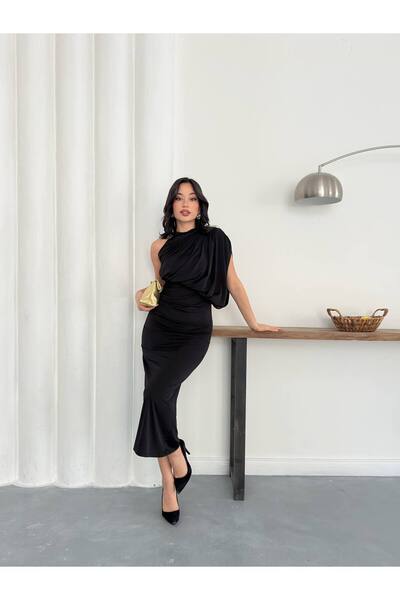 AYKA WEAR Drapeli Dik Yaka Zarif Sandy Uzun Elbise Yeni Sezon