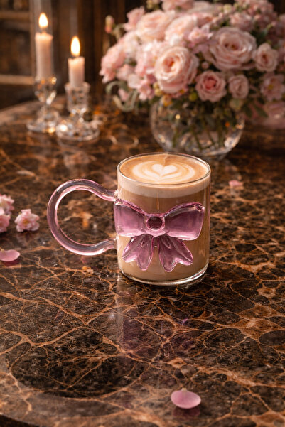 YzHome Pink Bow Ribbon Model Glass Cup with Handle