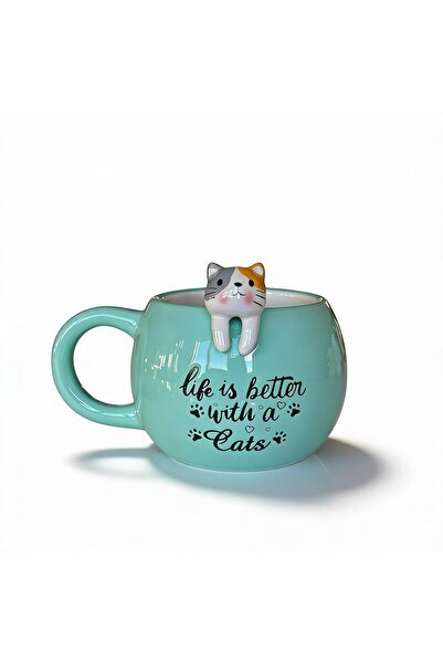 ROSIE Turkuaz 3D Kedi Figürlü Kupa 420 ml