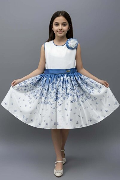 Alesaei-mondo tondo فستان بناتي أبيض وأزرق مطبوع بالفراشات 7318