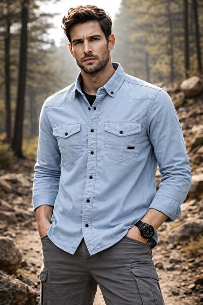 CLASSİCS MEN Ανδρικό τζιν πουκάμισο με μακρύ μανίκι Yxc εφαρμοστό - 7467