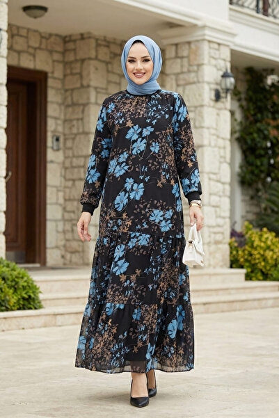Hb Harma Time Butik Kadın İçi Şardonlu Mavi Çiçek Desenli Şifon Elbise