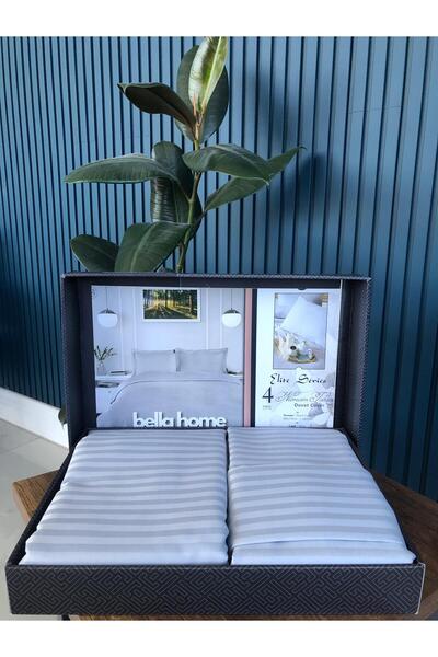 Bella Home Double Striped Satin Duvet Cover Set - Luxury Boxed Gray