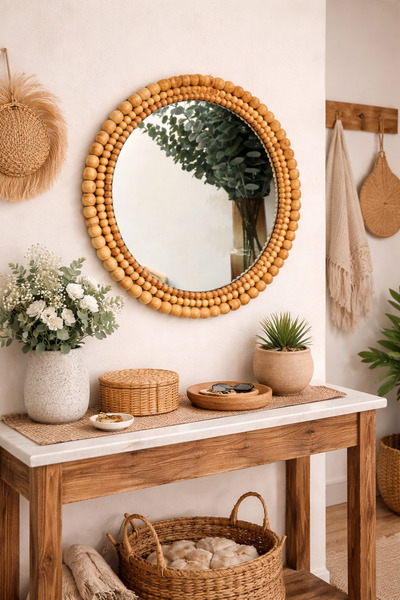 REMO Ahşap Boncuklu Bohem Dresuar Antre Konsol Ayna 40 cm